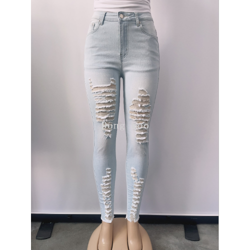 denim washed high quality women‘s slimming high waist high elastic tight ripped denim skinny pants