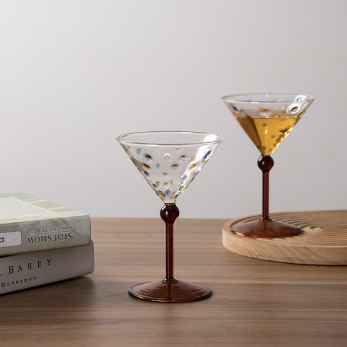 创意小清新彩色波点红酒杯家用高脚鸡尾酒杯香槟杯复古甜酒杯子