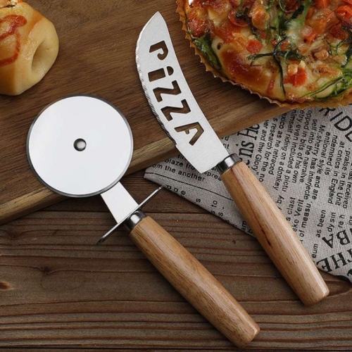oak handle card holder pizza cutter saw knife wheel knife home baking pizza wheel cheese knife tool set