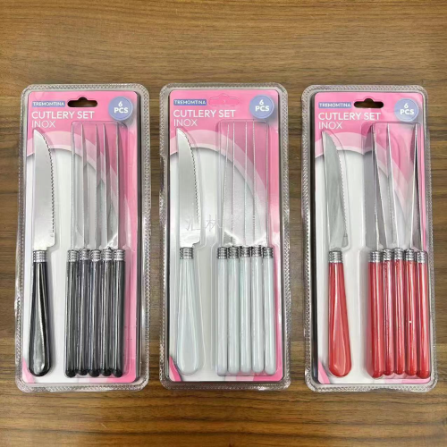 foreign trade hot selling stainless steel tableware set color plastic handle suction card six-piece set western food steak knife fork spoon