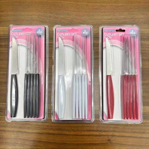 foreign trade hot selling stainless steel tableware set color plastic handle suction card six-piece set western food steak knife fork spoon
