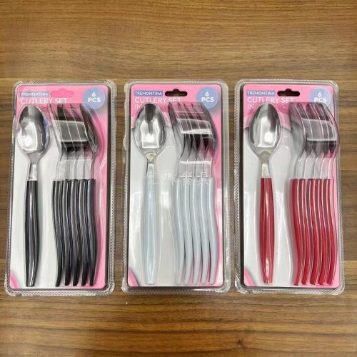 [huilin] stainless steel tableware suit color plastic handle suction card 6pc steak knife fork spoon