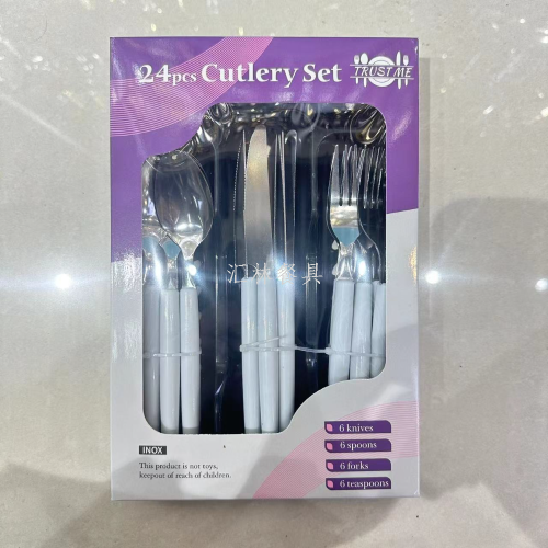 foreign trade hot selling stainless steel tableware set purple package plastic handle 24-piece set western steak knife fork spoon
