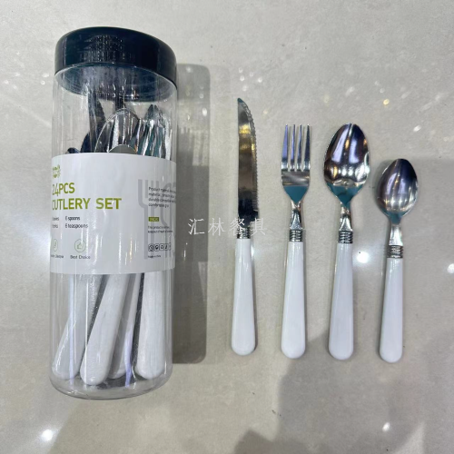 foreign trade hot selling stainless steel tableware set cylinder plastic handle 24-piece set western steak knife fork spoon