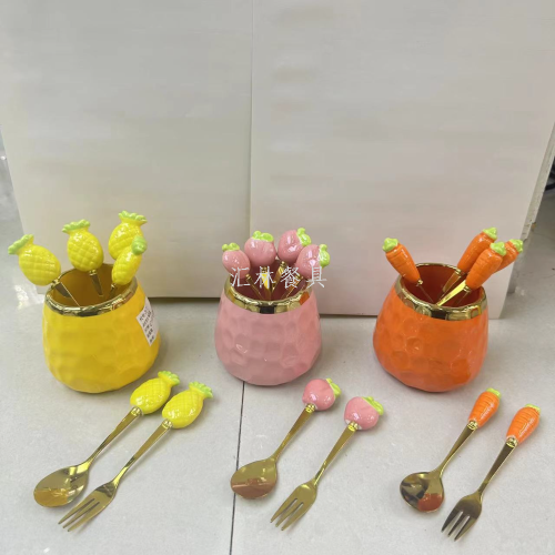 [huilin] stainless steel tableware suit fruit fork cartoon ceramic pot ceramic ornament dessert fork spoon