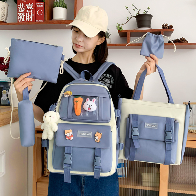 Schoolbag Women's New Five-Piece Canvas Student Backpack Korean Harajuku Large Capacity Campus Backpack Cross-Border Wholesale