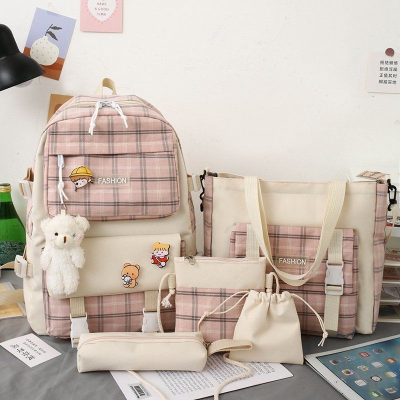 Backpack Japanese Cute Plaid Primary School Student Schoolbag Female Korean Style Trendy Backpack Five-Piece Backpack Wholesale