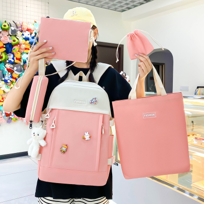New Canvas Campus Backpack Five-Piece Set Simple All-Match Junior High School Schoolbag Multi-Functional Leisure Girls Backpack