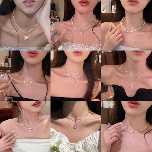 light luxury minority all-matching graceful pearl necklace super fairy sweet fresh loving heart zircon titanium steel clavicle chain neck chain