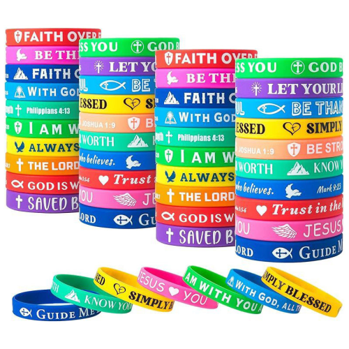 跨境定制印刷图案20条装十字架信仰男女款永不放弃信徒硅胶手环