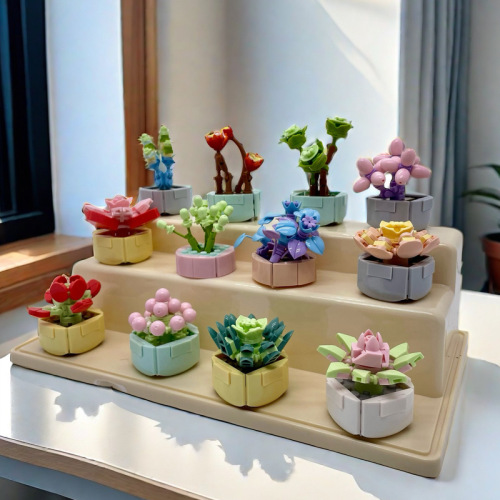 现货多肉盆栽手工diy拼装积木花儿童益智玩具小颗粒积木小盒批发