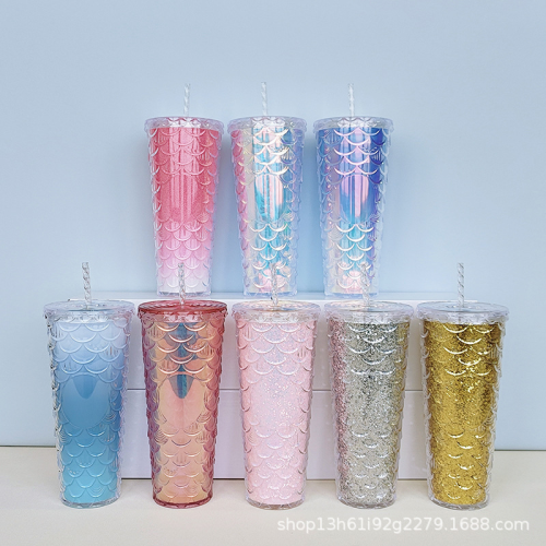 710ml large capacity colorful fish scale gradient winter skiing simple durian plastic straw drinking cup batch
