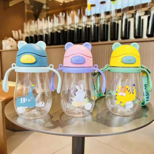 cartoon straw cup plastic water bottle boys and girls no-spill cup gravitational ball rope holding portable anti-fall drinking cup