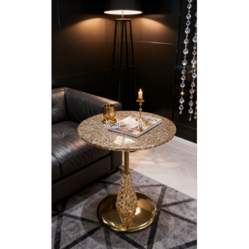 轻奢玻璃铁艺茶几 现代简约客厅家居 金色玻璃海浪纹轻奢风边几