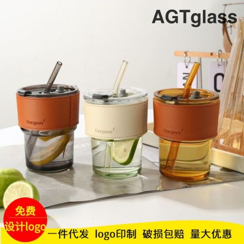 internet celebrity bamboo cup ins wind straw double drinking coffee cup drainage advertising gift glass water cup printed logo