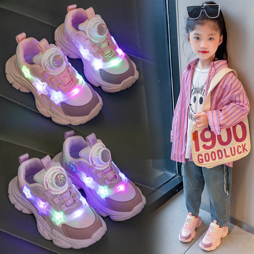 children‘s sports shoes 2024 spring and autumn new girls rotating button dad shoes luminous running shoes c39-u31