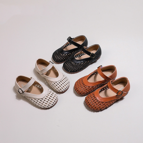 girls‘ woven leather shoes 2024 summer new korean milk shoes children‘s hollow casual closed toe sandals