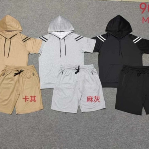 foreign trade men‘s solid color hoodie short-sleeved men‘s knitted sports suit two-piece running shorts casual suit