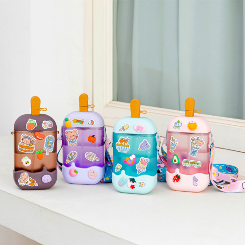 factory wholesale ice cream popsicle cup children plastic sippy cup crossbody portable strap plastic water cup