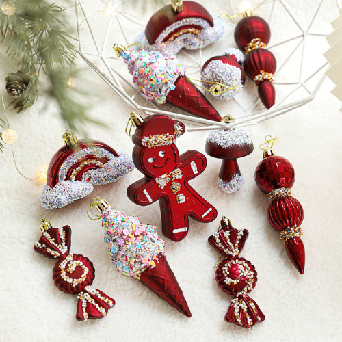 新款酒红色圣诞异形挂件盒装哑光粘粉亮片彩绘圣诞树装饰挂饰吊饰