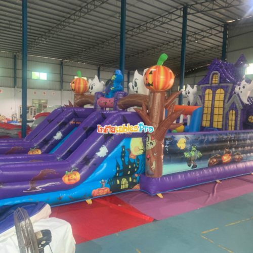 popular halloween theme inflatable castle outdoor large trampoline slide park pvc inflatable chute trampoline