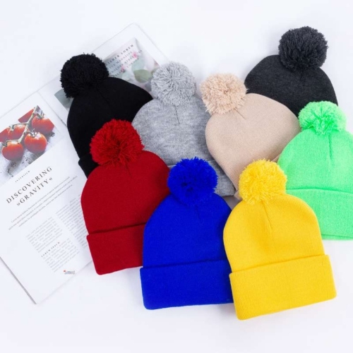 children‘s woolen cap acrylic solid color fur ball knitted hat autumn and winter cute children‘s fluffy ball cap light board woolen cap