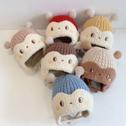 卡通小蜜蜂儿童针织帽子百搭加里布宝宝护耳毛线帽3-24个月婴儿帽