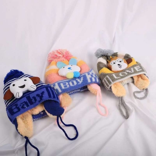 日系可爱毛球加绒针织护提花钩无檐小便帽保暖包头毛线帽子秋冬