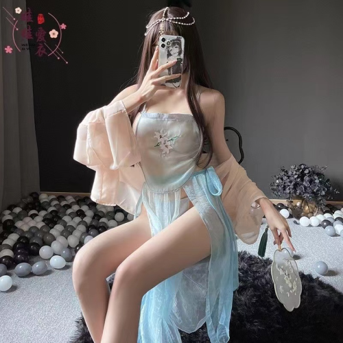 sexy pure desire hanfu flirting mesh see-through seduction pajamas hot apron dew underwear suit 5198