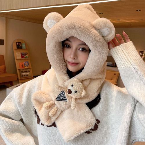 冬季小熊帽子围巾二合一骑车可爱鹿角毛绒防风一体护耳帽两件套女