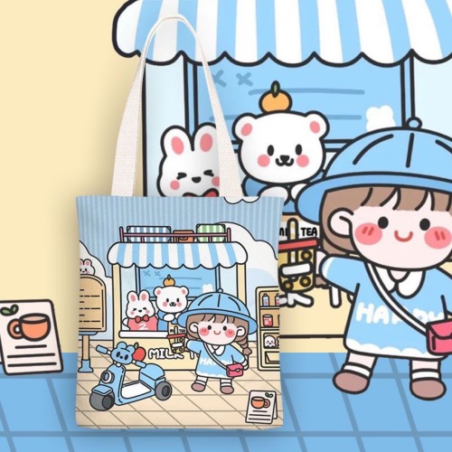 小麻薯帆布包学生包大容量补课手提袋卡通单肩包手提袋购物帆布袋