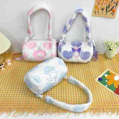 新款毛绒包包女卡通可爱单肩包圆筒包甜美儿童少女学生手提包