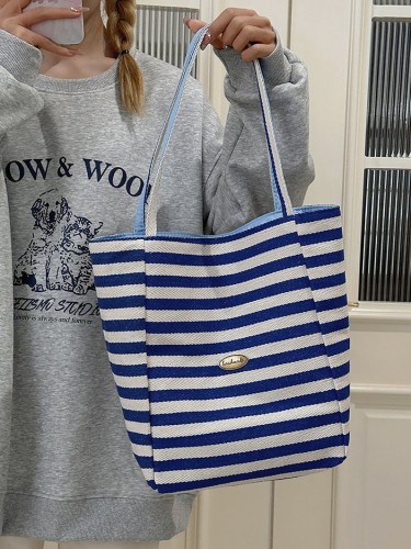 条纹帆布包包新款韩风托特休闲包单肩大容量托特包手提购物袋