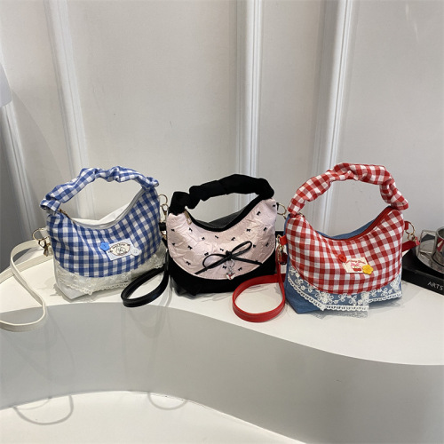 时尚法式格子饺子包手拎小包新款夏天清新格子拼接链条斜挎单肩包