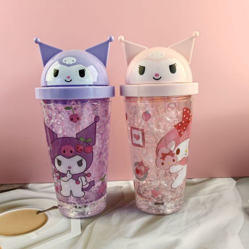 450ml塑料带灯冰杯清新冷饮果汁碎冰杯双层冰酷杯KLM卡通杯吸管杯