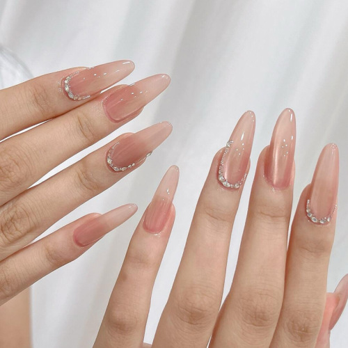 纯手工光疗美甲贴片高级轻奢裸粉渐变带钻成品可拆卸长水滴穿戴甲