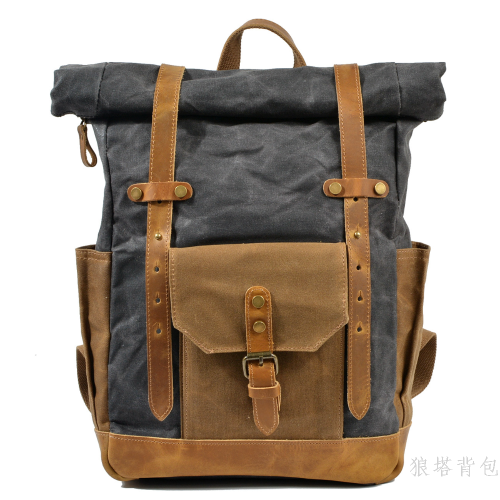 retro contrast color oil wax waterproof canvas travel backpack computer schoolbag large capacity outdoor women‘s backpack men‘s bag
