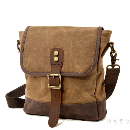 japanese and korean new men‘s trendy crossbody bag shoulder bag oil wax canvas with leather leisure bag outdoor travel pouch