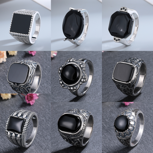 cross-border sugar cut surface black agate ring for men and women vintage thai silver distressed wide surface high profile and generous pattern ring