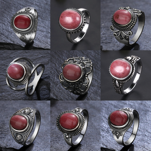 european and american retro silver rhodochrosite ring female distressed pattern nepal bracelet court wide face ring one piece dropshipping