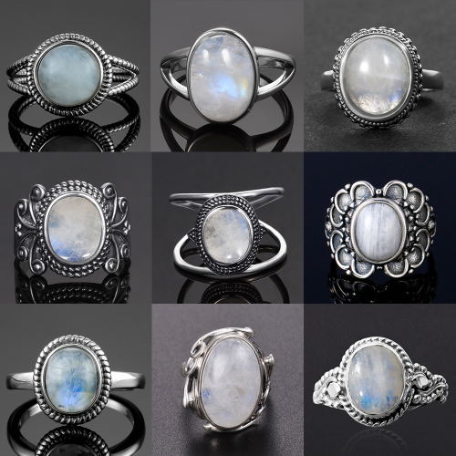 europe and america cross border vintage court style moonstone ring ins style niche mid-ancient vintage pattern wide face ring