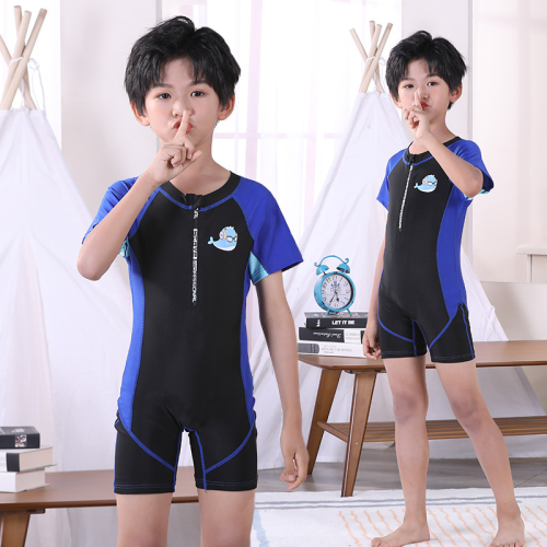 cute dolphin swimsuit for boys， middle and big children， stitching， baby boys‘ swimsuit siamese plus size professional training sunscreen swimwear