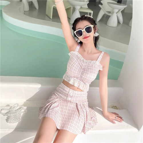 2024 swimsuit wholesale split two-piece suit girl swimsuit women‘s plaid sleeveless slimming vacation hot spring bathing suit wholesale