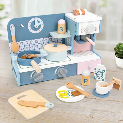 Children's wooden simulation coffee machine dessert shop simulation vending machine combination play family wooden toys