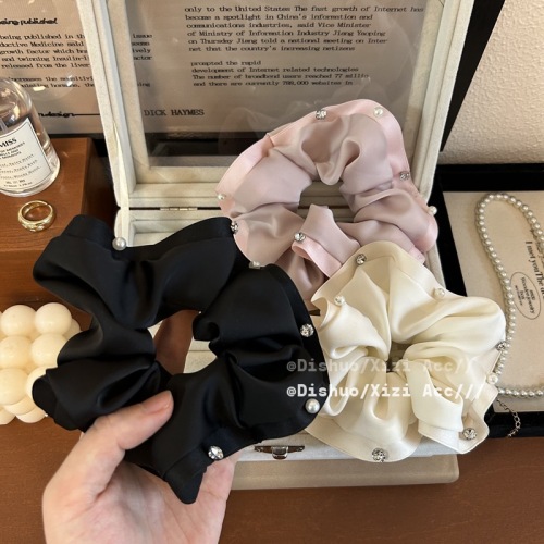 韩国发圈小众设计珍珠水钻缎面大肠发圈2024新款高级感花边发绳女