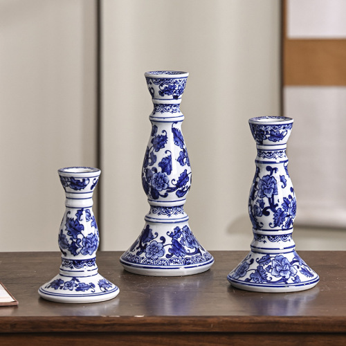 中式青花陶瓷烛台摆件客厅茶几玄关轻奢瓷烛台软装家居饰品摆设