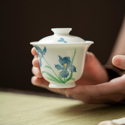 玉泥白瓷纯手绘鸢尾花两才盖碗釉下彩陶瓷素雅功夫茶具家用泡茶杯
