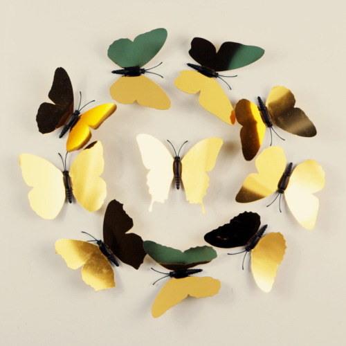 9公分金色蝴蝶 镜面墙贴PVC 3d立体装饰贴客厅家居美化橱窗装饰