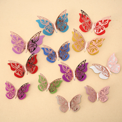 跨境3D立体彩色蝴蝶墙贴双层金属质感镂空蝴蝶墙贴节日派对装饰
