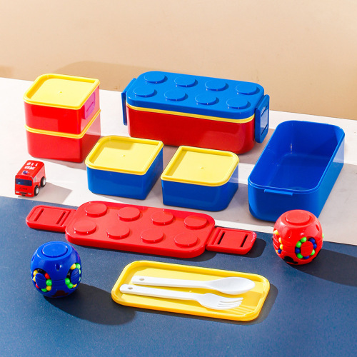 创意可拼塔长方形积木饭盒塑料可微波炉加热便当盒学生儿童沙拉盒